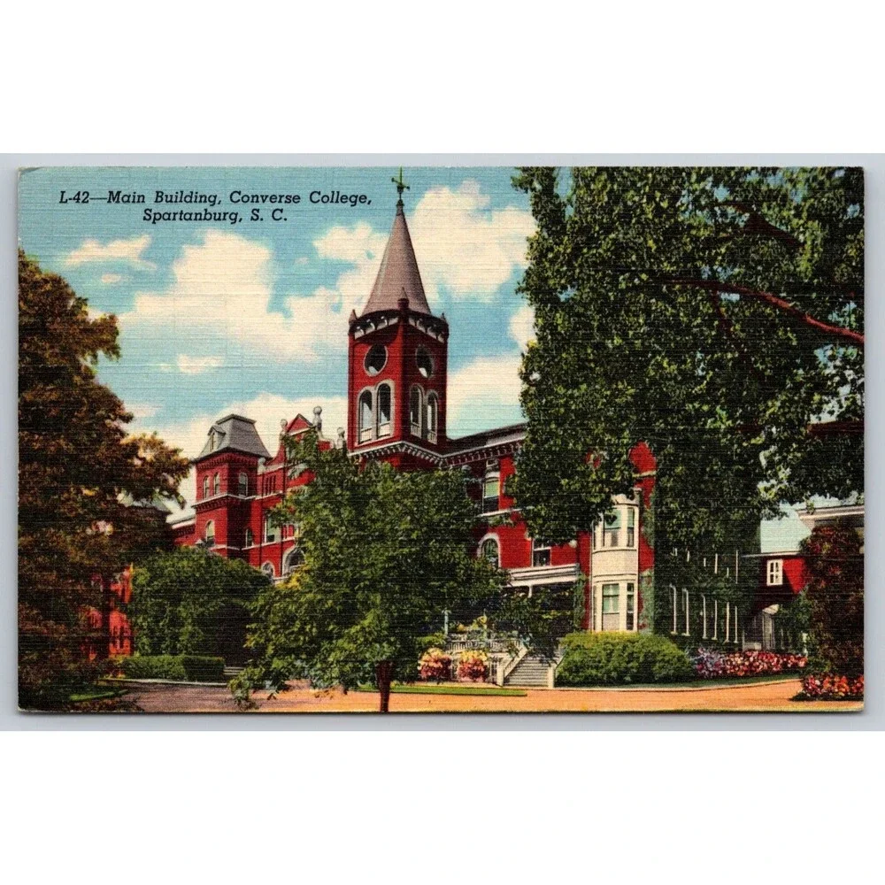 Vintage 1945 Linen Postcard Converse College Main Building Spartanburg SC